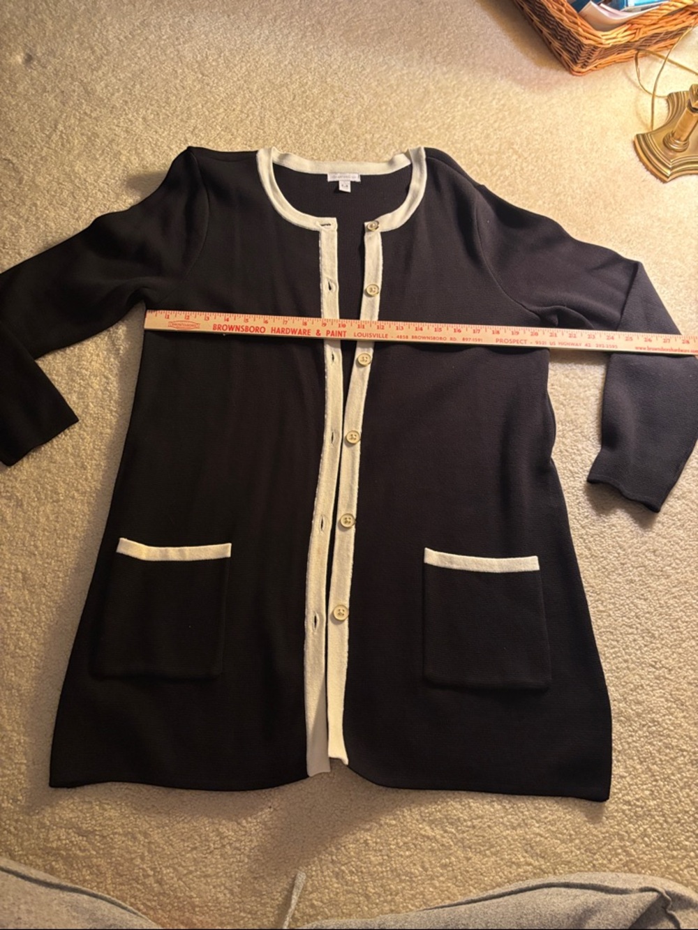 Black and white contrast Cardigan with Cream Trim and Front Pockets